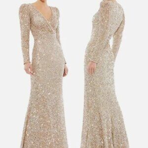 MAC DUGGAL 5510 PUFF SHOULDER SEQUINED SURPLICE SHIMMERING GOLD GOWN sz 2